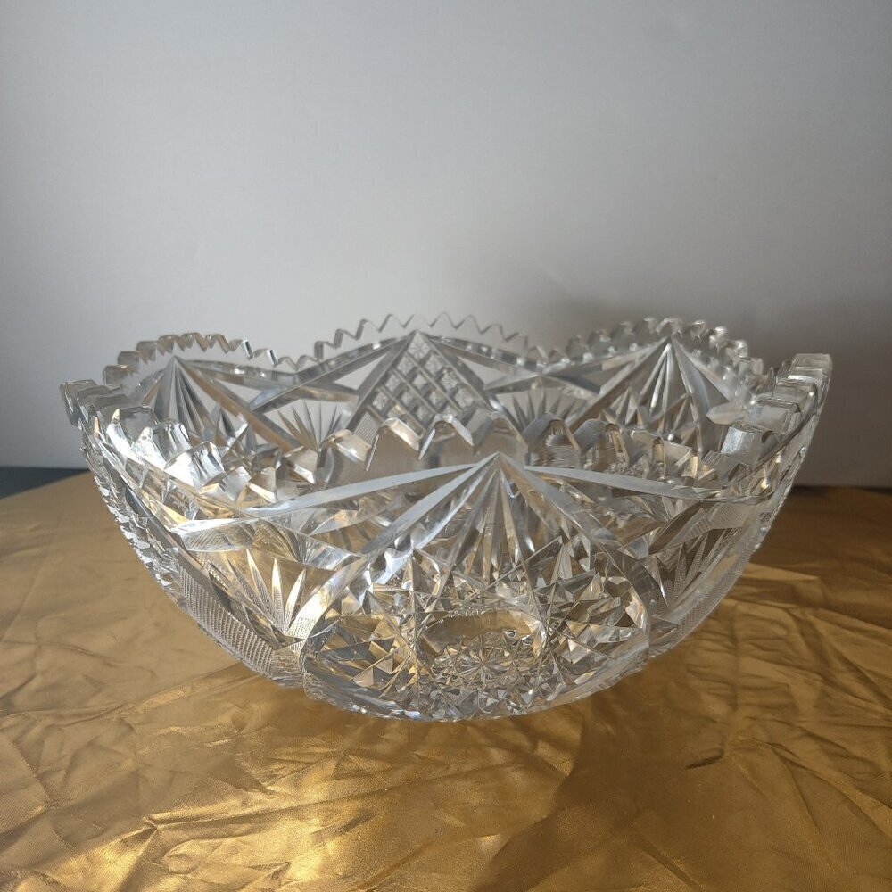 Crystal cut glass bowl heavily patterned with stars and diamonds. Late Victorian